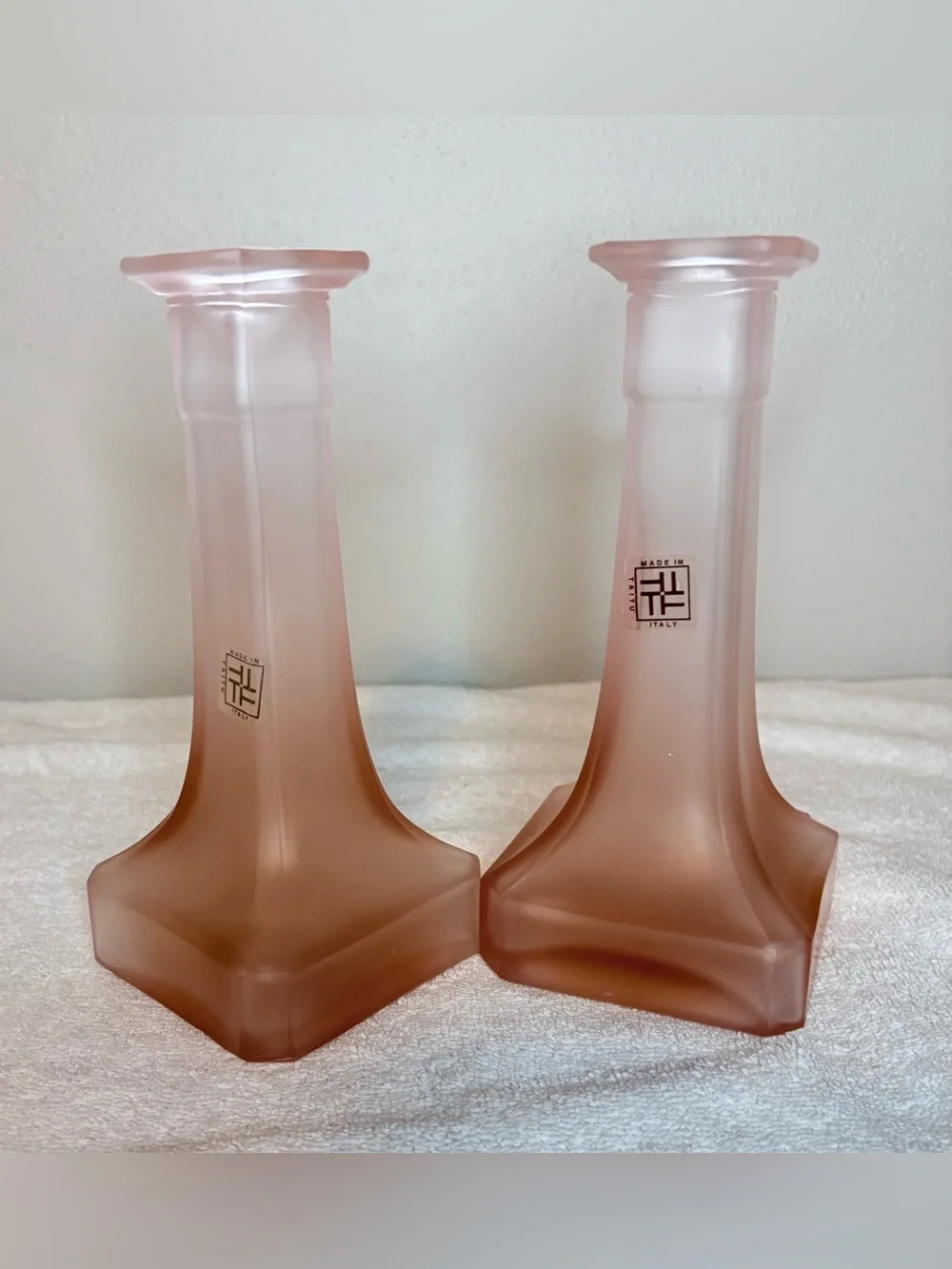 Vintage TAITÙ Italy TTC1 Pink Frosted Glass Candlesticks Pair